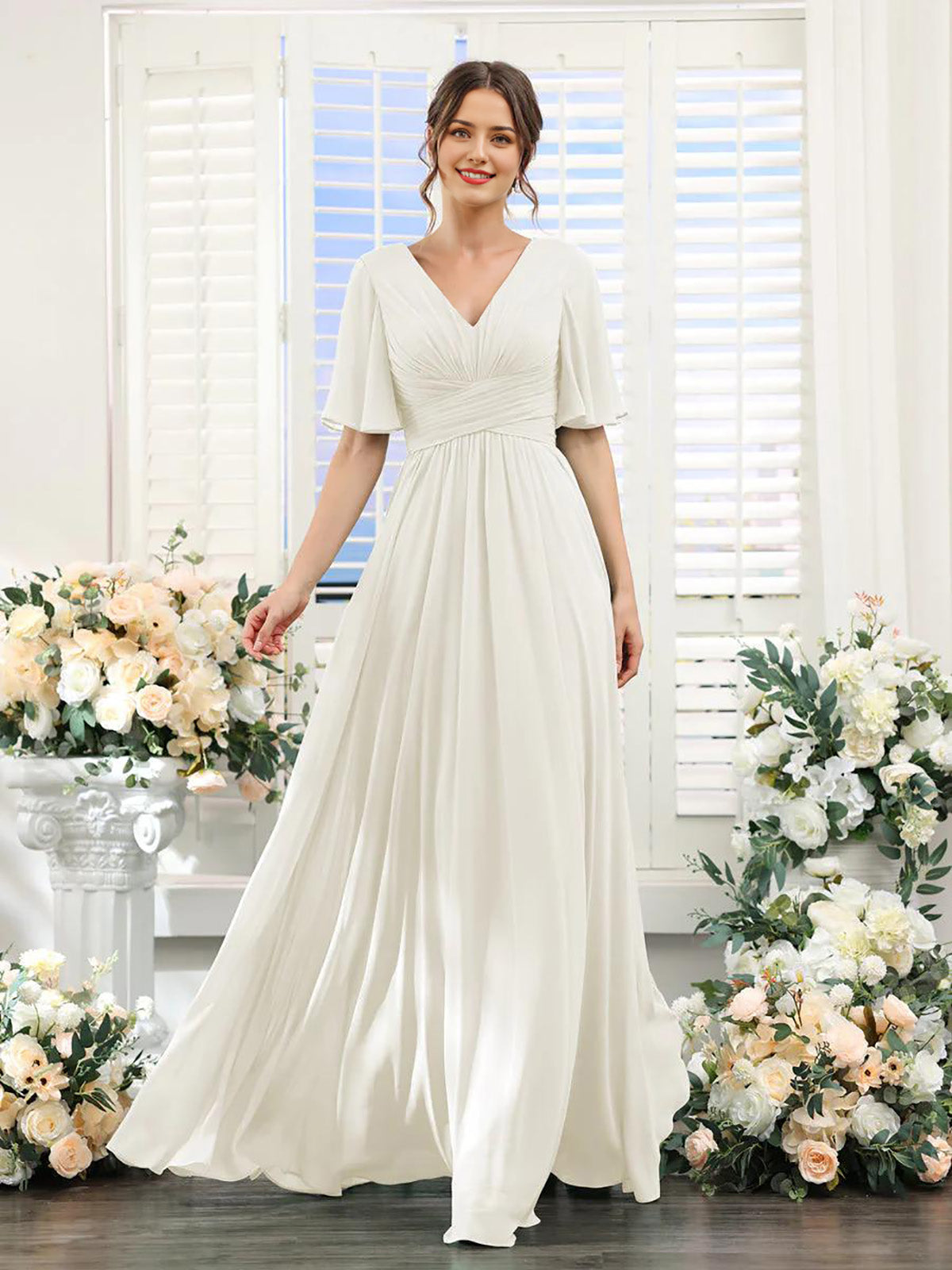 Vestido de dama de honor de manga corta con escote en V y corte A para invitada de boda, largo de gasa, vestido formal de fiesta con abertura